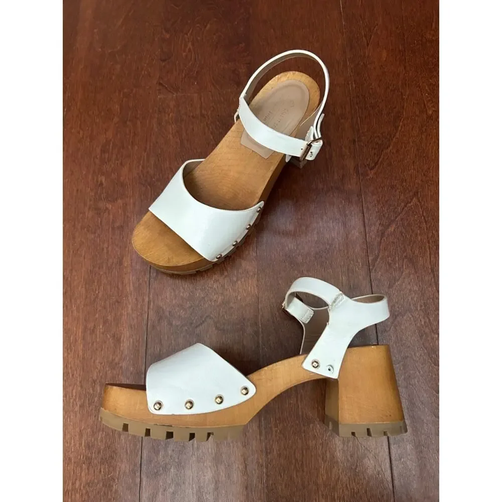 Call It Spring White Vegan Leather Platform Clog Sandals with Studs, Size 8.5